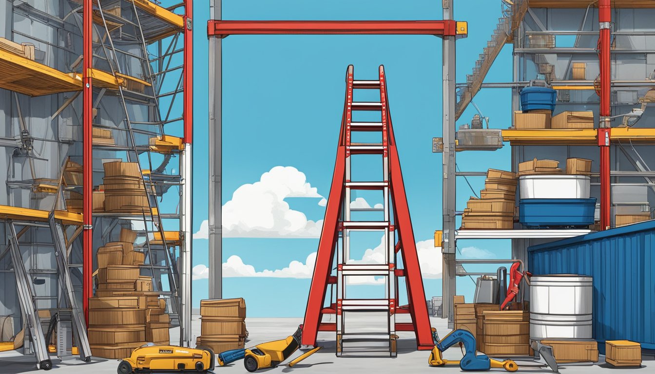 A red and white ladder with "Ladder Brands USA" boldly printed on the side, standing against a blue sky and surrounded by tools and equipment