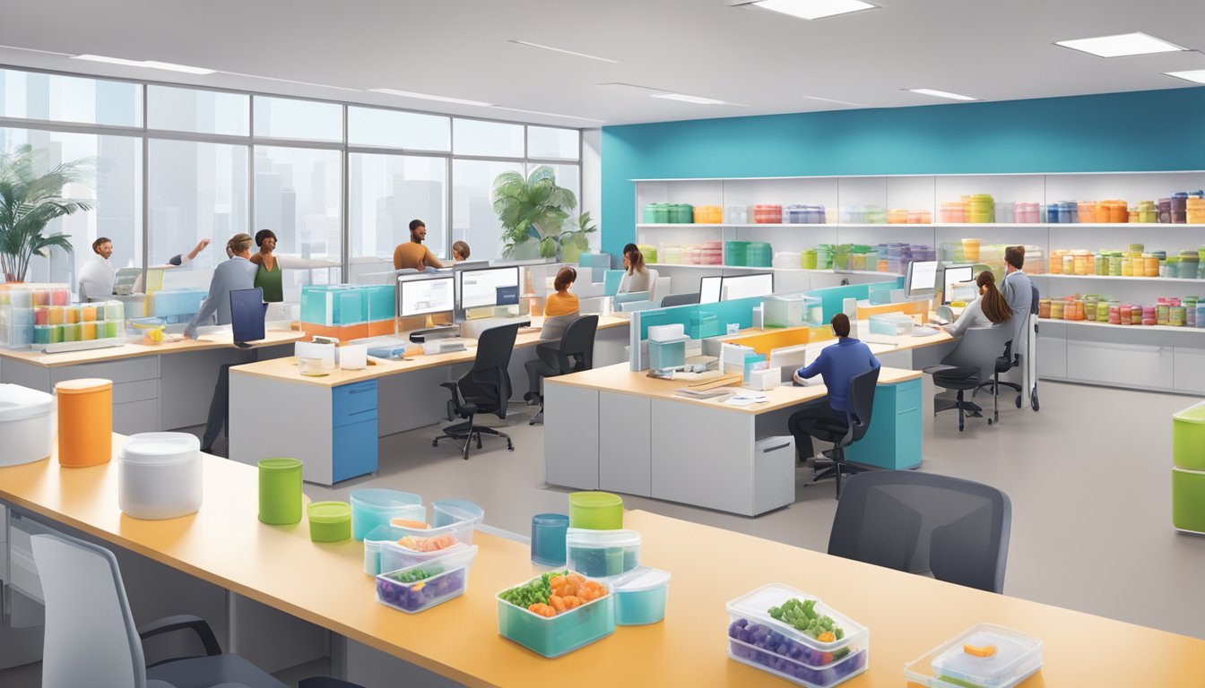 A bustling corporate office with Tupperware branding, employees collaborating, and innovative products on display, showcasing the evolution and impact of the brand
