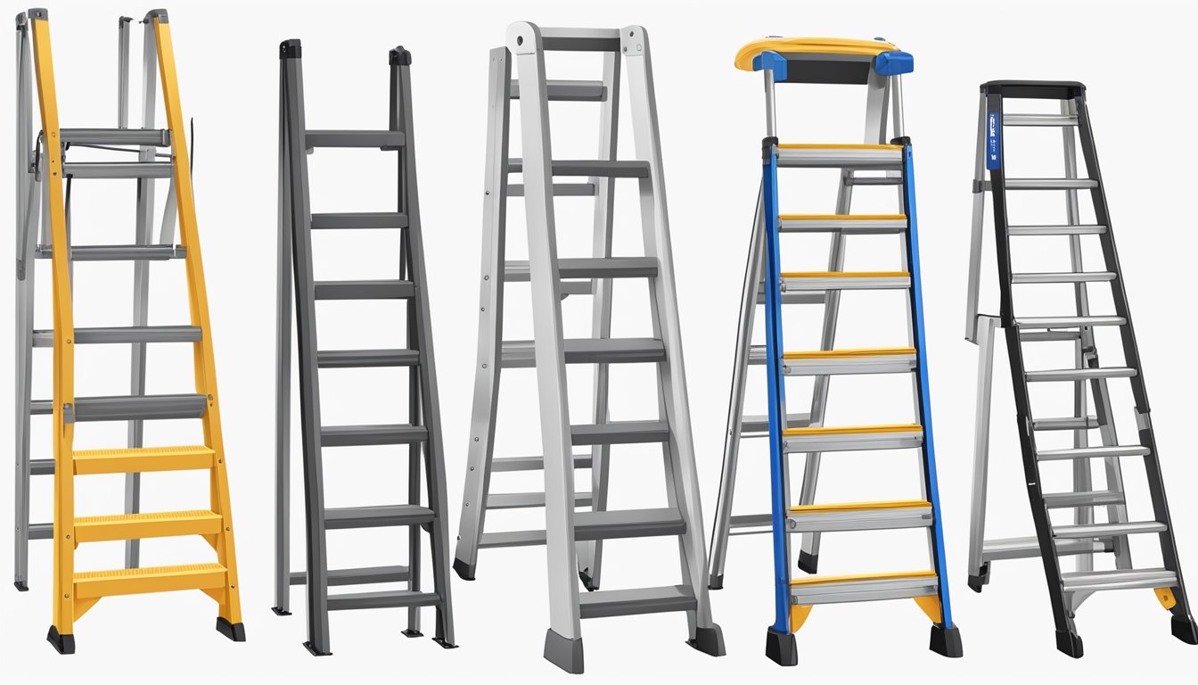 A collection of various ladder types, such as step, extension, and platform, displayed against a white background with their specific uses labeled