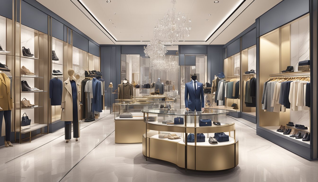 A luxurious display of Lane Crawford brands, showcasing high-end fashion and accessories in a modern, sophisticated setting