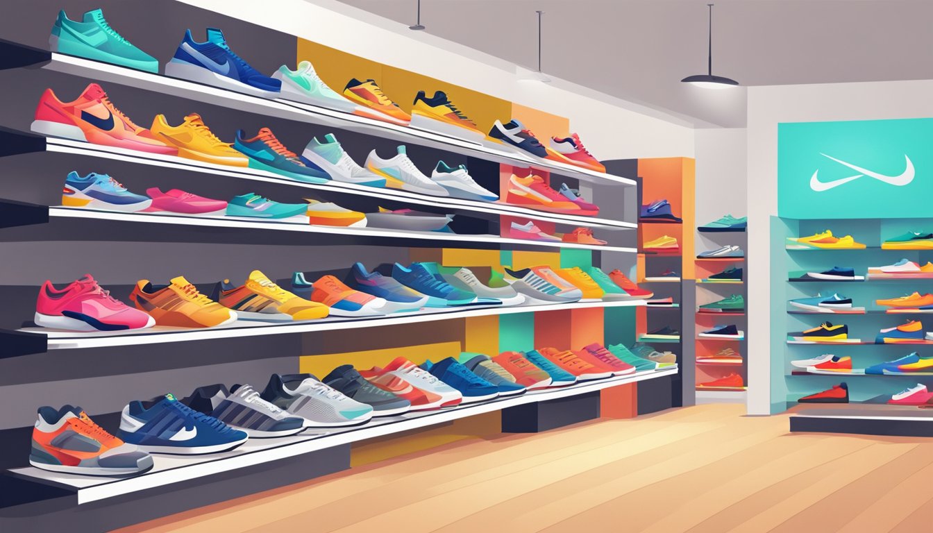 Various sneakers brands displayed on shelves in a store. Nike, Adidas, Puma, and more. Colorful and stylish designs
