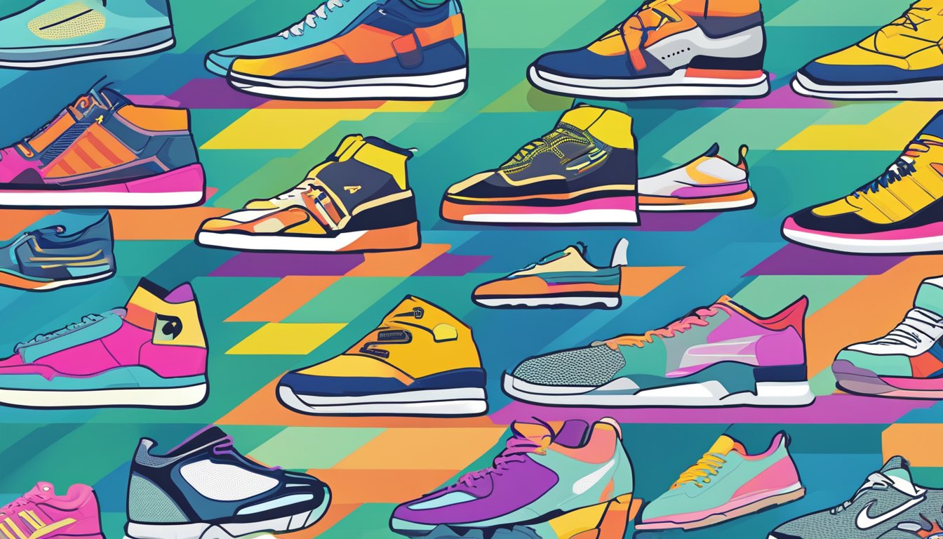Various sneaker brands arranged in rows, with "Frequently Asked Questions" text above. Bright colors and bold fonts