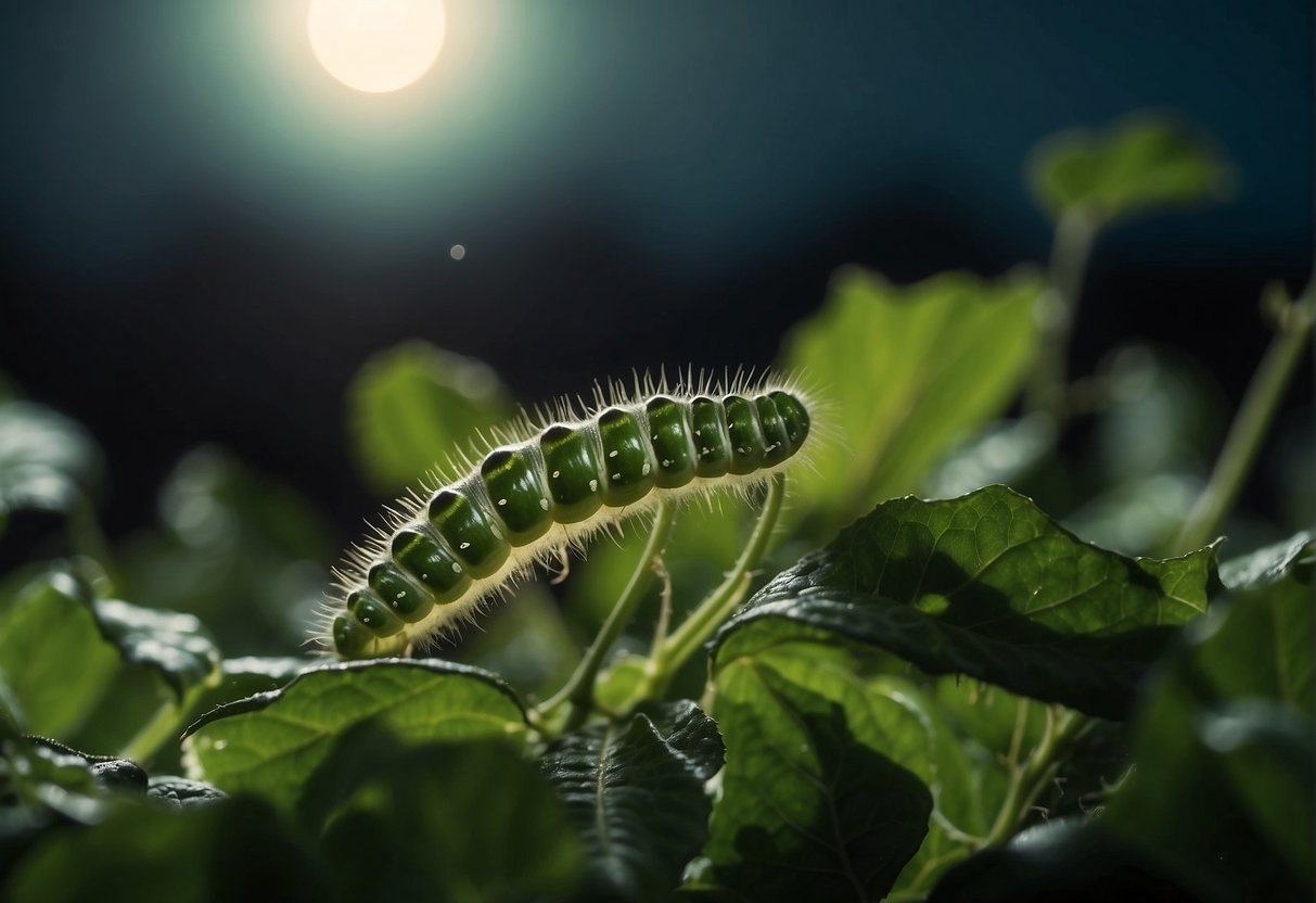 Small, green caterpillars devour cucumber leaves under the moonlit sky