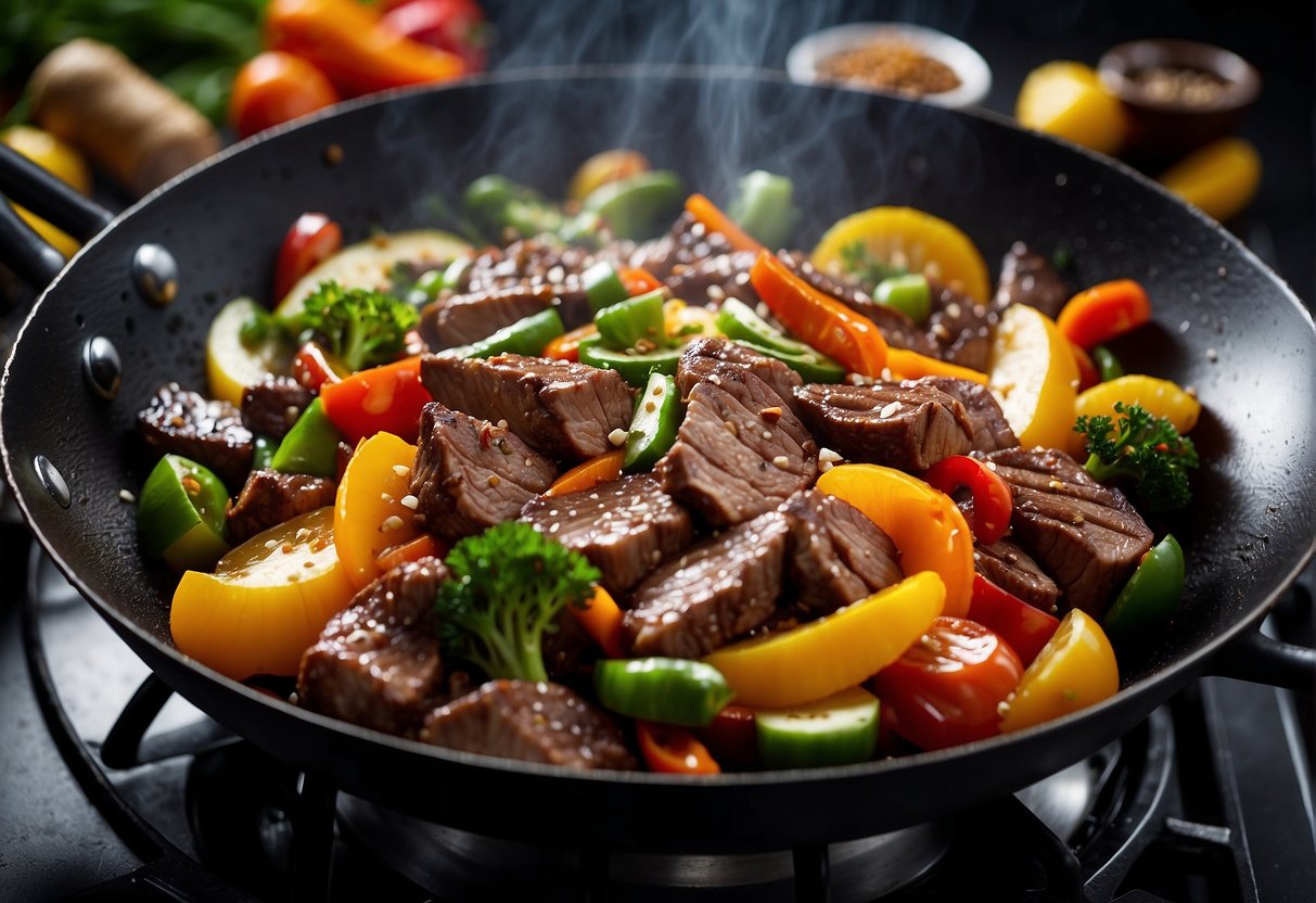 Sizzling beef stir-frying in a wok with colorful vegetables and aromatic spices