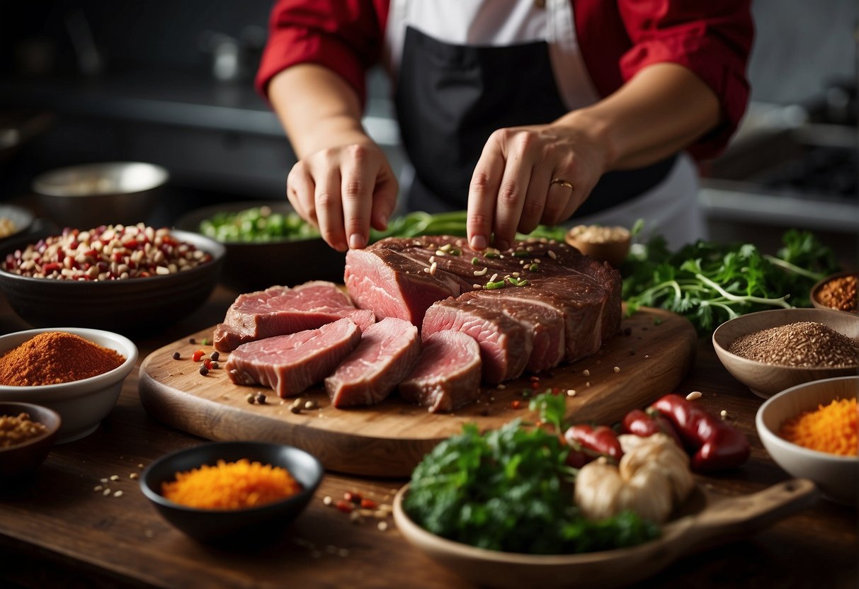 A chef carefully examines various cuts of beef, surrounded by spices and ingredients, preparing to create a traditional Chinese beef dish