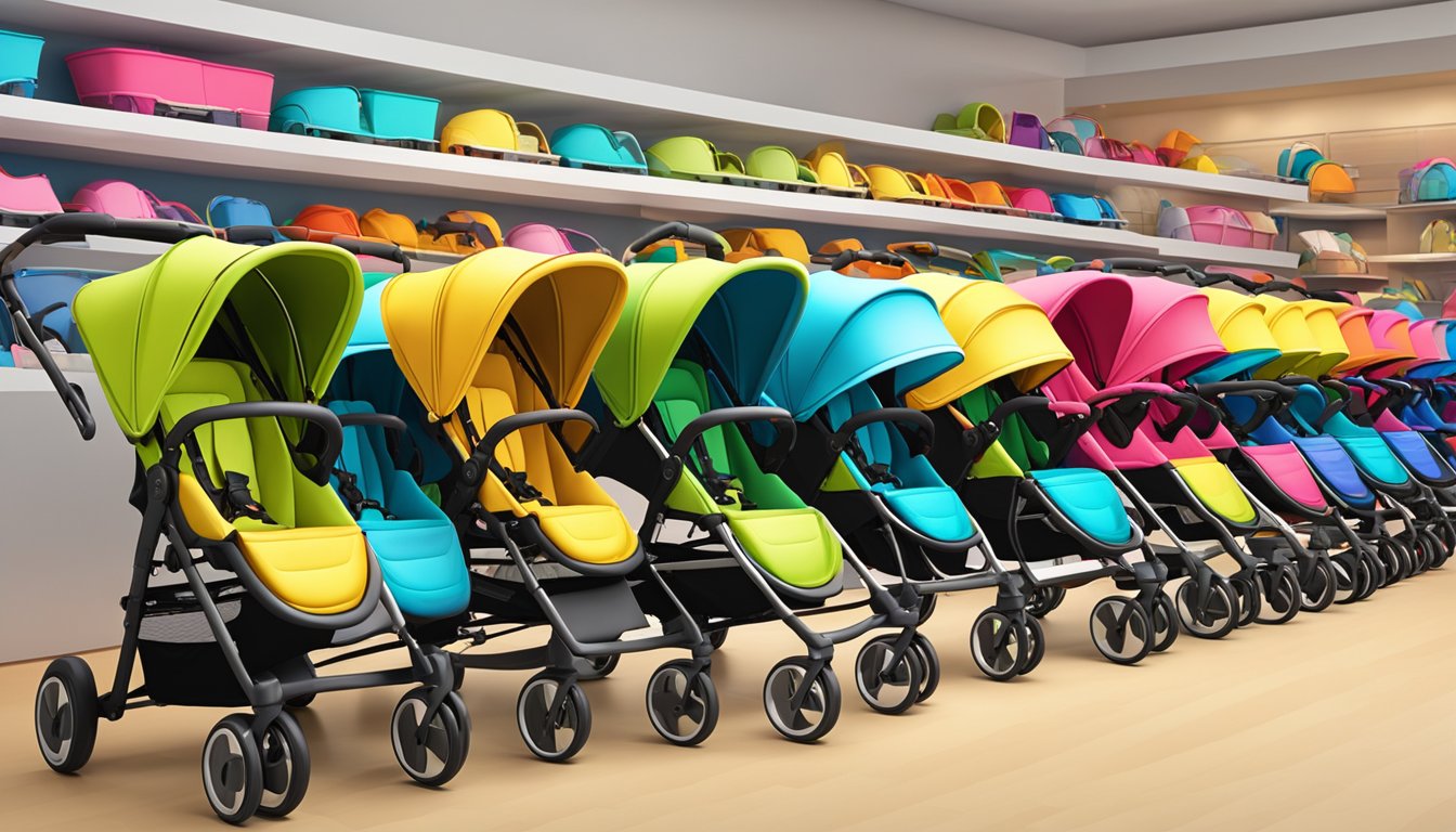 A row of colorful strollers lined up in a bright, spacious store display