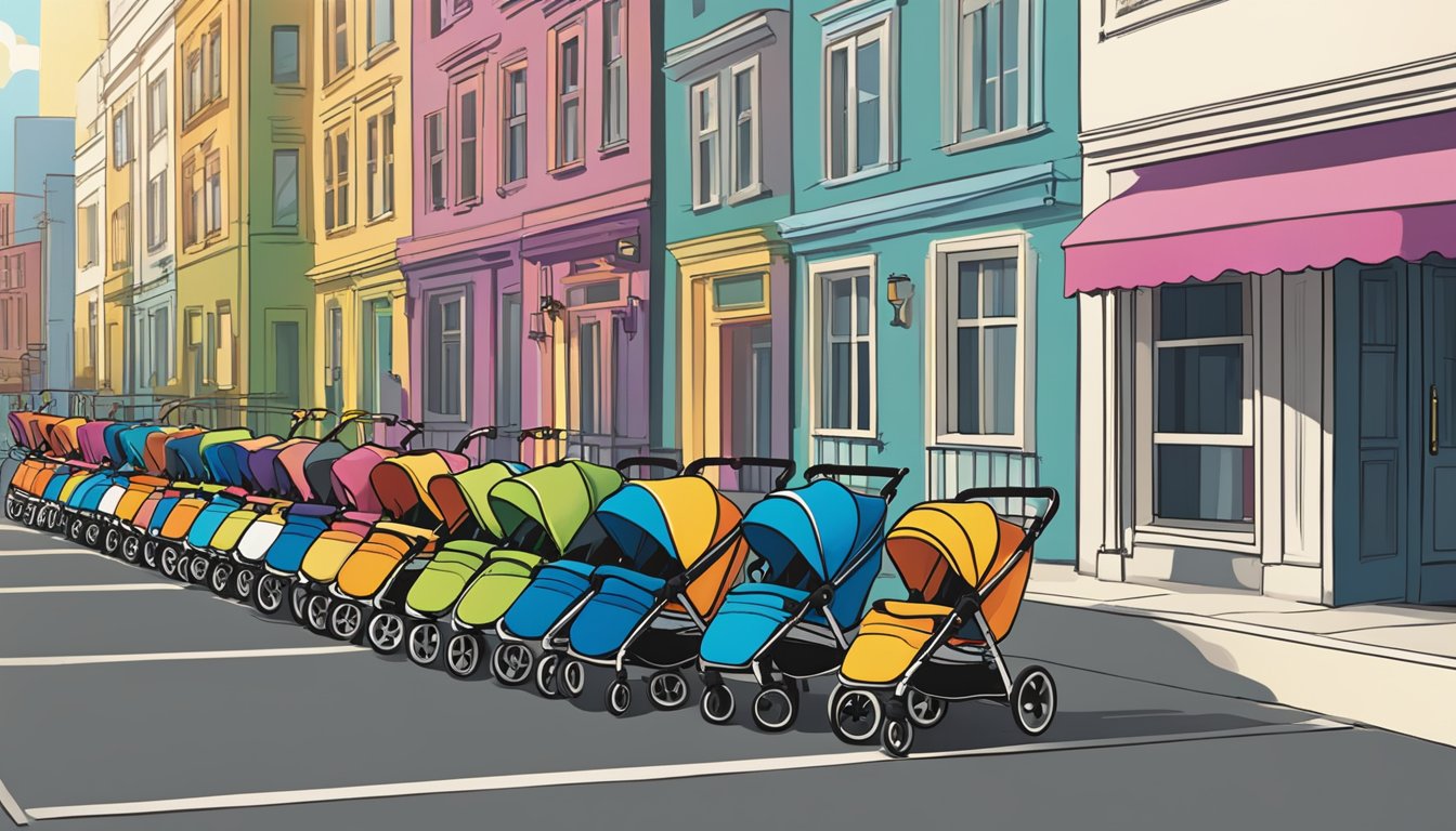 A row of colorful strollers lines a busy city sidewalk, each brand's logo prominently displayed. The sun shines down, casting shadows on the sleek designs