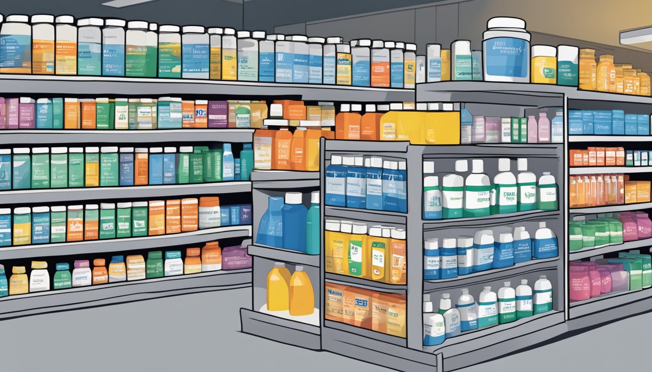 A bottle of levothyroxine stands on a pharmacy shelf, surrounded by other medication brands. Its label prominently displays the brand name "Levothyroxine" in bold lettering