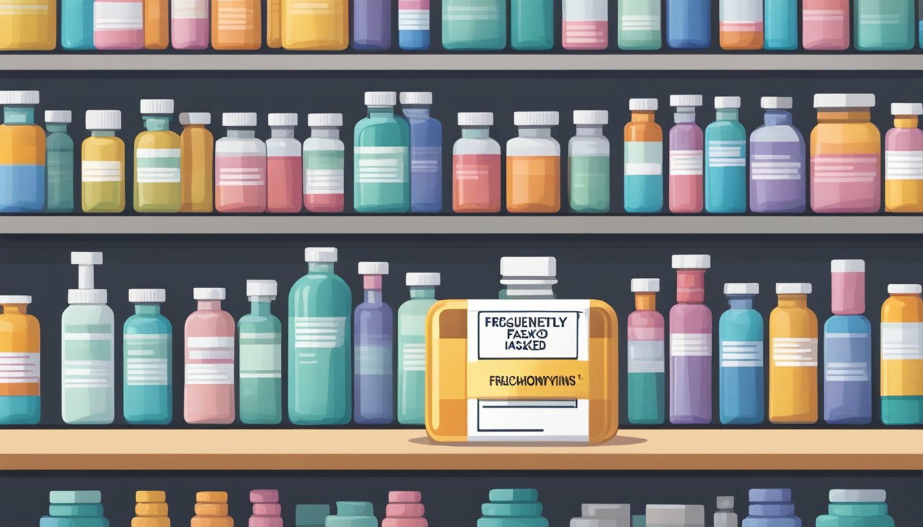 A bottle of levothyroxine with a label reading "Frequently Asked Questions" sits on a pharmacy shelf, surrounded by other medication containers