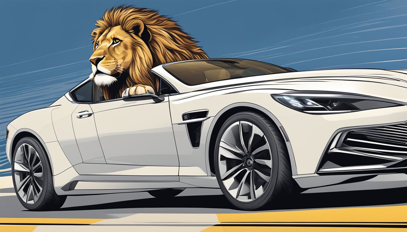 A lion roaring proudly over a sleek, innovative car with the brand's logo prominently displayed