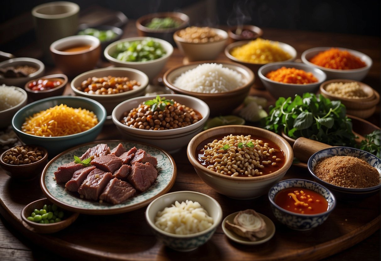 A table displays various Chinese ingredients and sauces for beef recipes