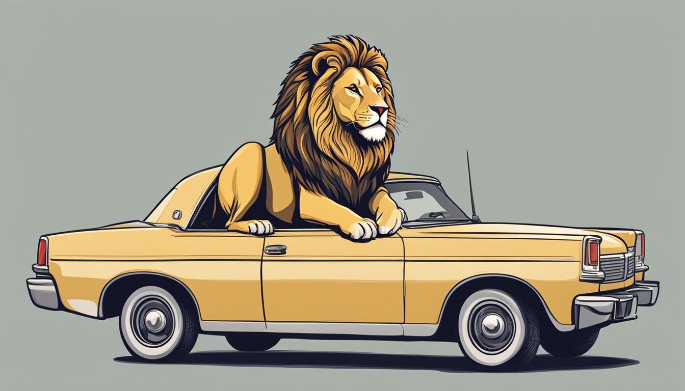 A lion sitting on top of a car with the words "Frequently Asked Questions" written on the side