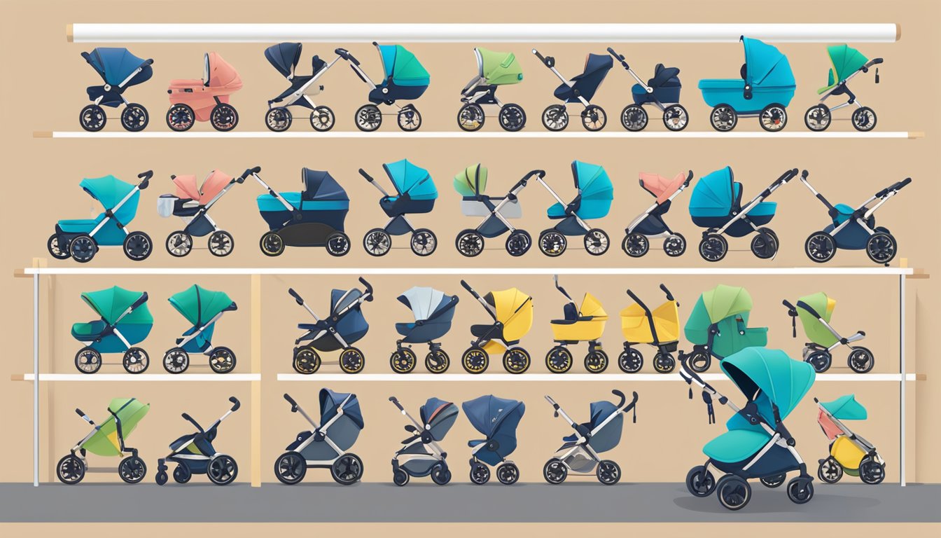 A display of various stroller brands with "Frequently Asked Questions" signage