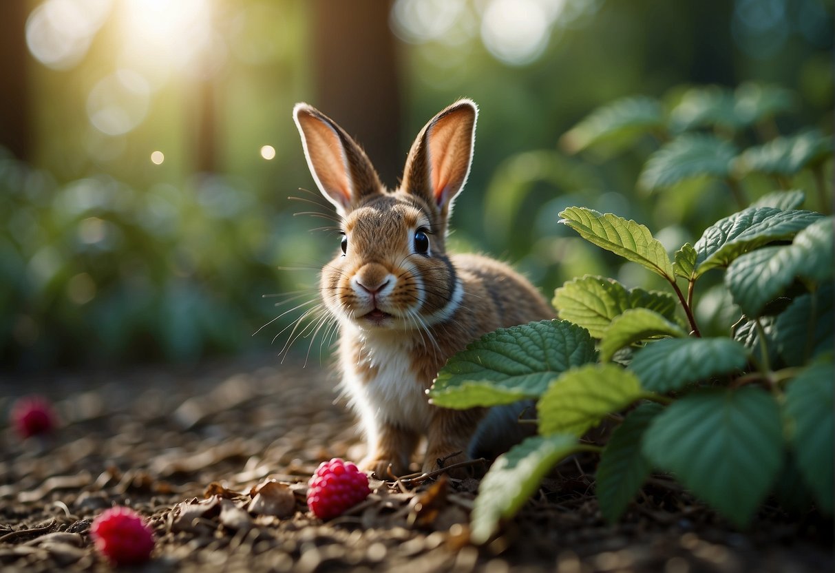 A curious rabbit nibbles on raspberry leaves, leaving behind a trail of half-eaten foliage