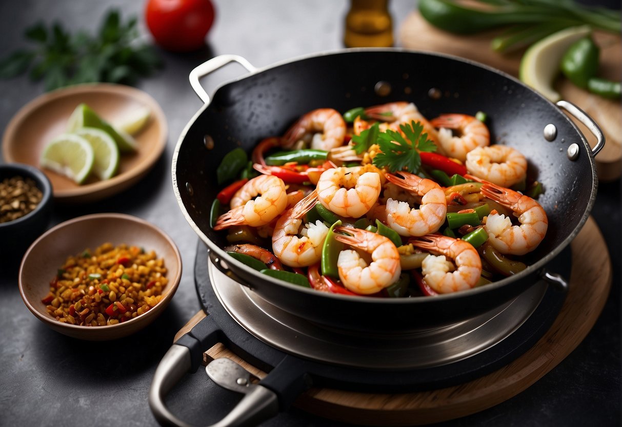 A sizzling wok filled with plump dragon prawns, stir-fried with garlic, ginger, and chilies, creating a tantalizing aroma of Chinese spices and flavors