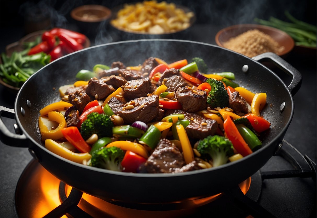 Sizzling beef stir-frying in a wok with colorful vegetables and traditional Chinese spices
