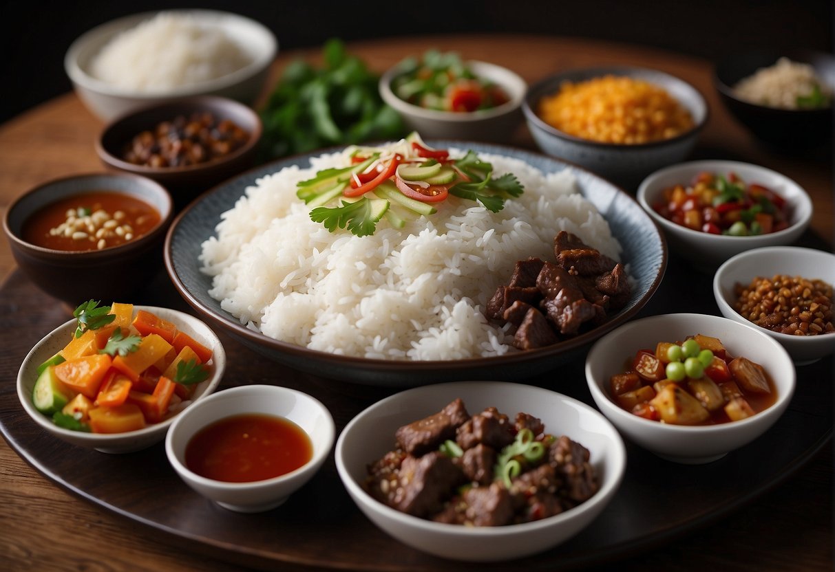 A table set with various Chinese beef accompaniments and side dishes. Bowls of steamed rice, stir-fried vegetables, and spicy sauces