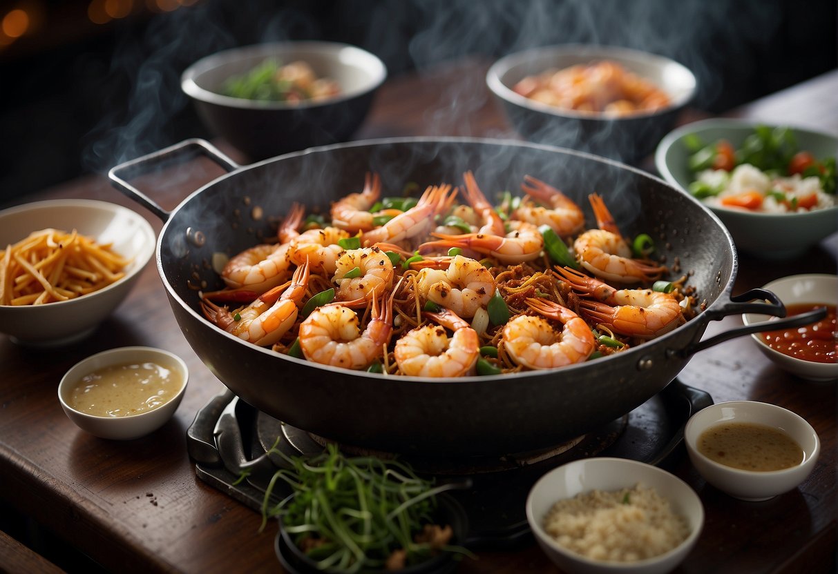 A sizzling wok filled with dragon prawns, sizzling in a fragrant blend of Chinese spices and herbs, creating a mouthwatering aroma