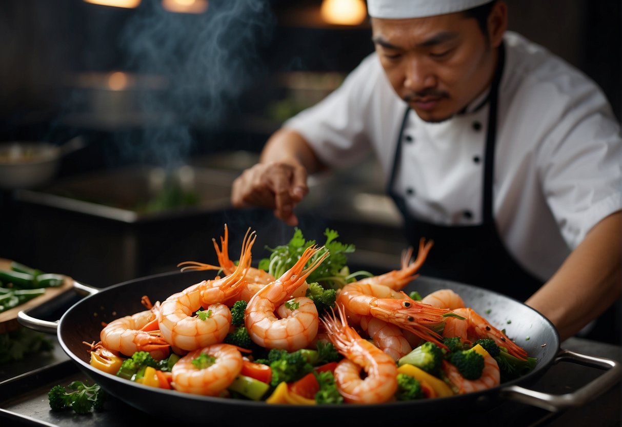 Dragon prawns marinated in soy, garlic, and ginger. A wok sizzles as the chef tosses the prawns with vegetables and sauce. A tantalizing aroma fills the kitchen