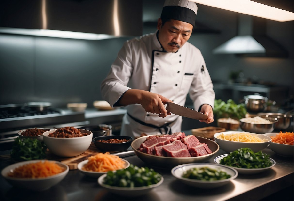 A chef preparing Chinese beef dishes with ingredients and cooking utensils spread out on a kitchen counter