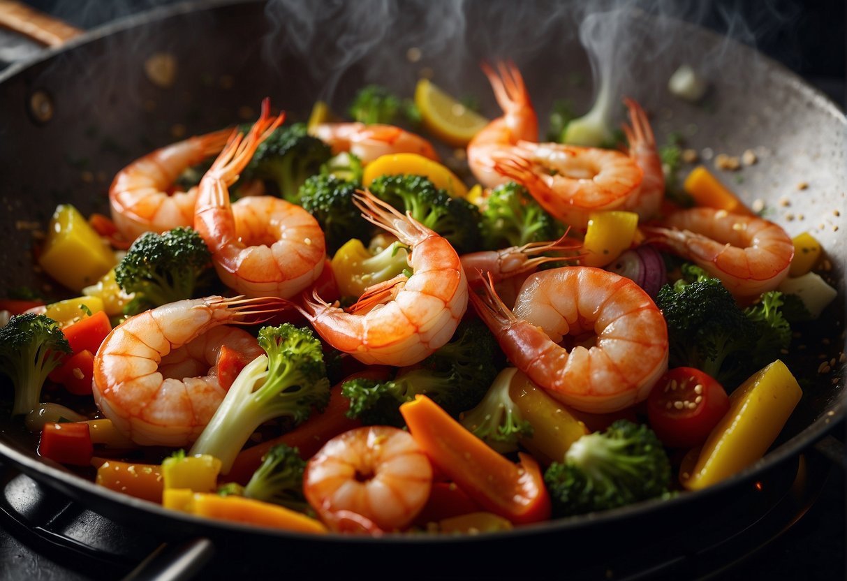 Dragon prawns sizzle in a hot wok, surrounded by colorful vegetables and aromatic spices. The chef expertly tosses and flips the ingredients, creating a tantalizing aroma