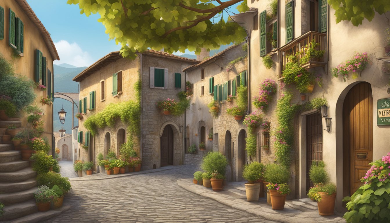 A rustic Italian village with cobblestone streets, vine-covered buildings, and traditional Verchini brand signage