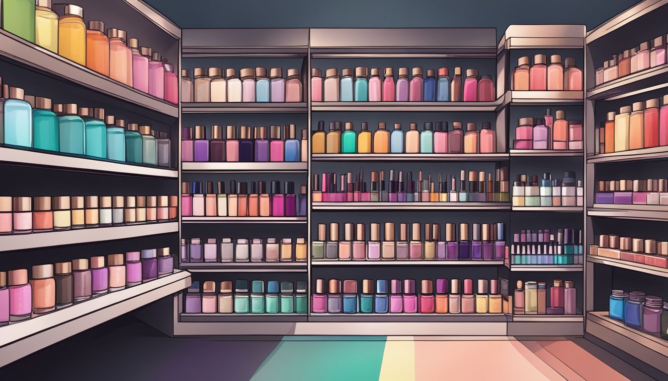 A colorful display of local makeup brands in Singapore, featuring various products and shades arranged neatly on shelves or in a makeup artist's kit