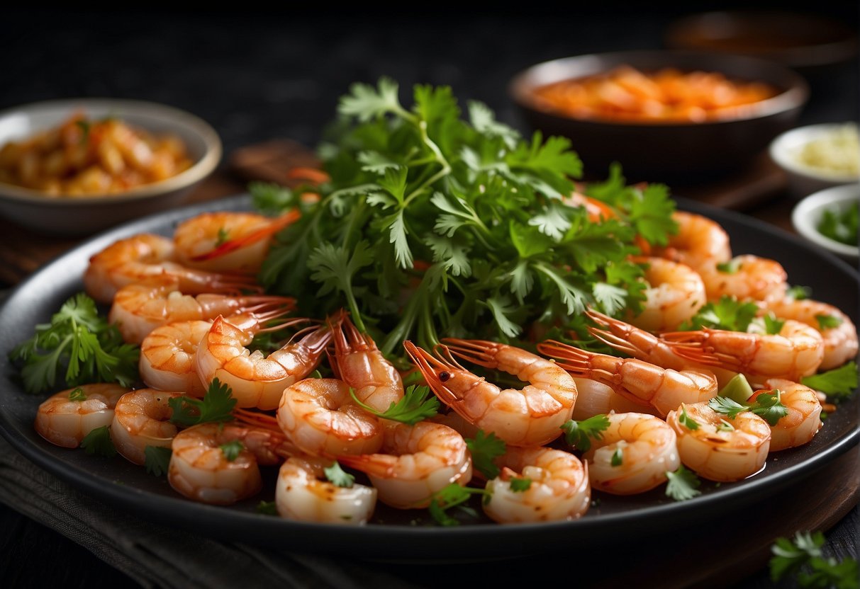 A platter of sizzling dragon prawns with vibrant Chinese spices, surrounded by steamed vegetables and garnished with fresh cilantro