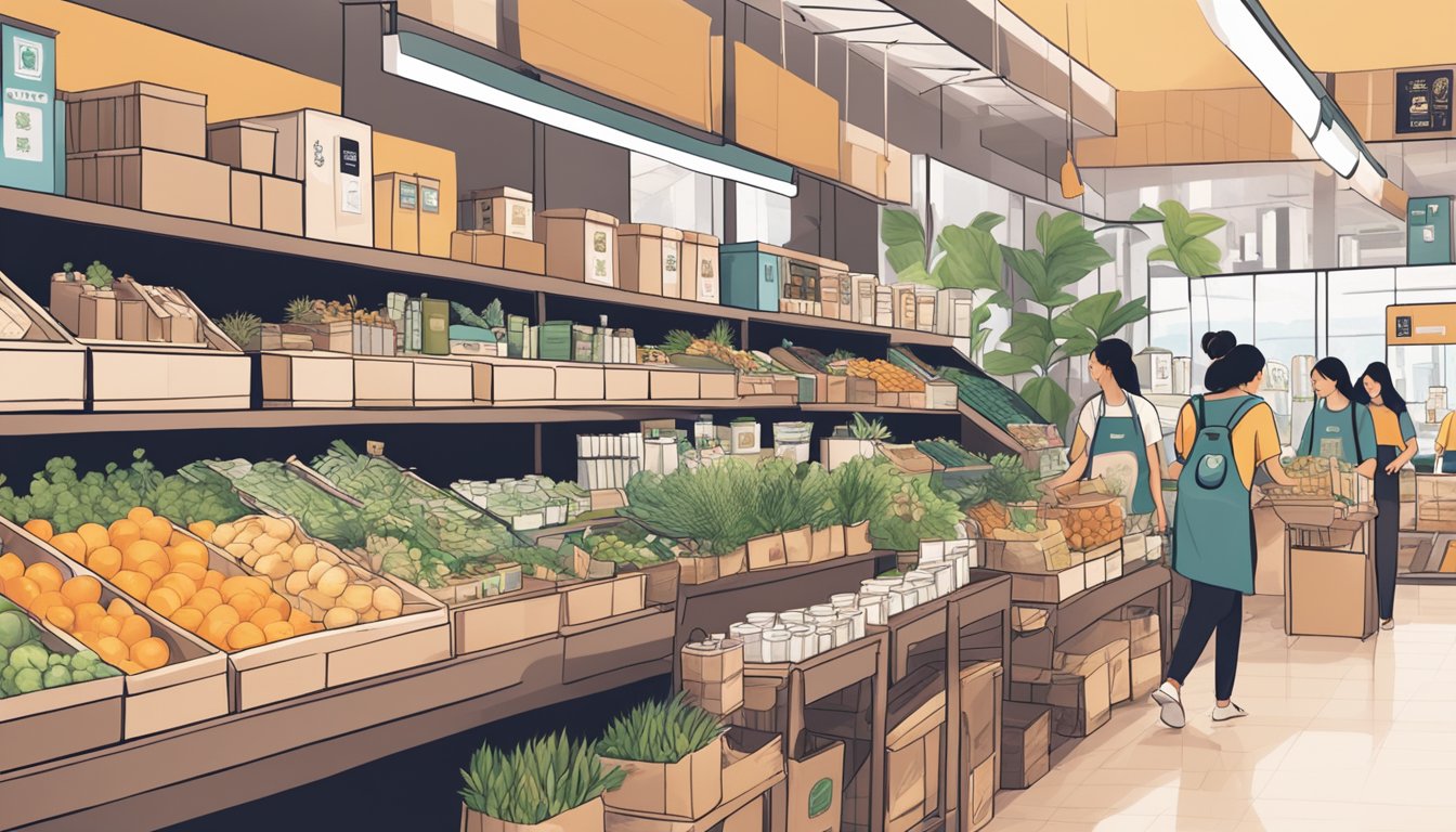 A bustling marketplace with eco-friendly packaging and cruelty-free products displayed. Local Singaporean beauty brands emphasize sustainability and ethical practices