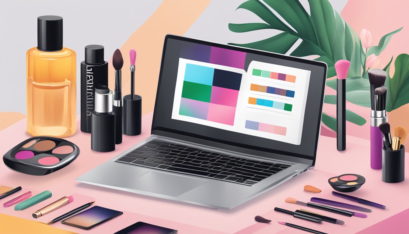 A table with various makeup products, a laptop open to a FAQ page, and a logo of a local makeup brand in the background
