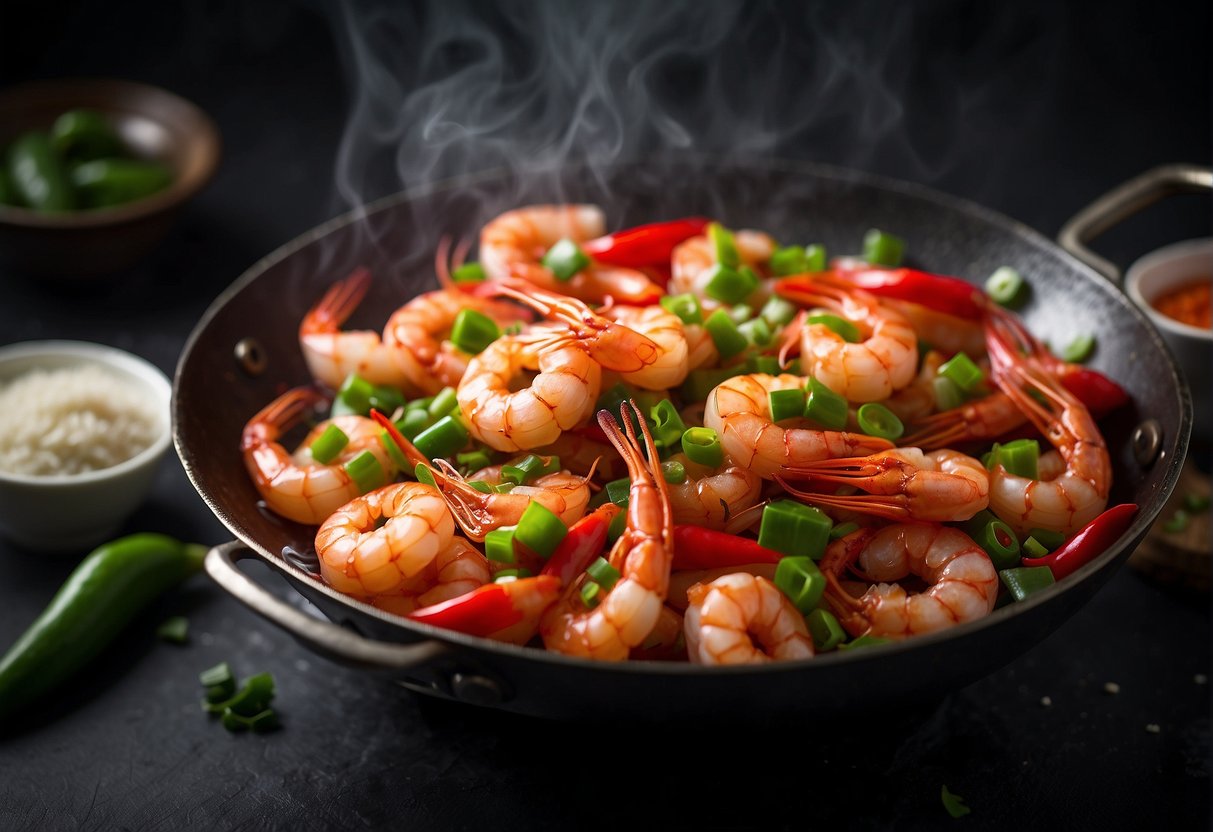 Dragon prawns sizzle in a wok with vibrant red chili peppers, green scallions, and aromatic garlic, creating a mouthwatering aroma