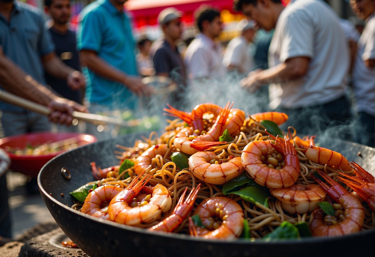 A sizzling wok with dragon prawns and Chinese spices, surrounded by curious onlookers at a bustling street market