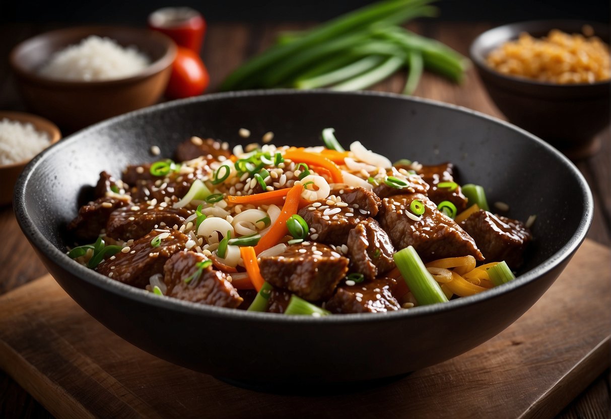 A wok sizzles with beef, garlic, and ginger in a fragrant Chinese sauce. Green onions and sesame seeds garnish the dish