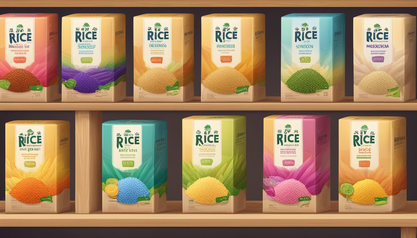 A stack of colorful Vietnamese rice brand packages arranged neatly on a wooden shelf