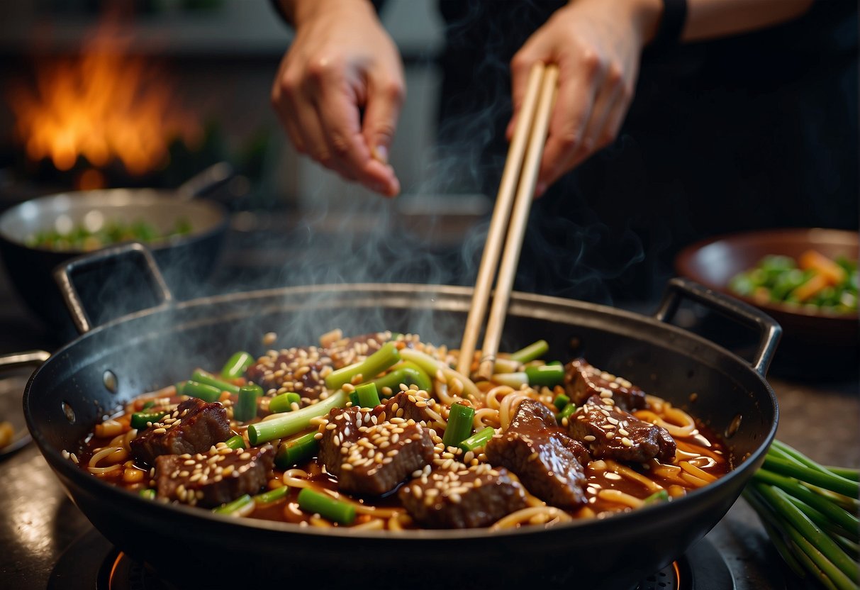 A wok sizzles as beef simmers in a fragrant sauce of soy, ginger, and garlic. Green onions and sesame seeds garnish the dish