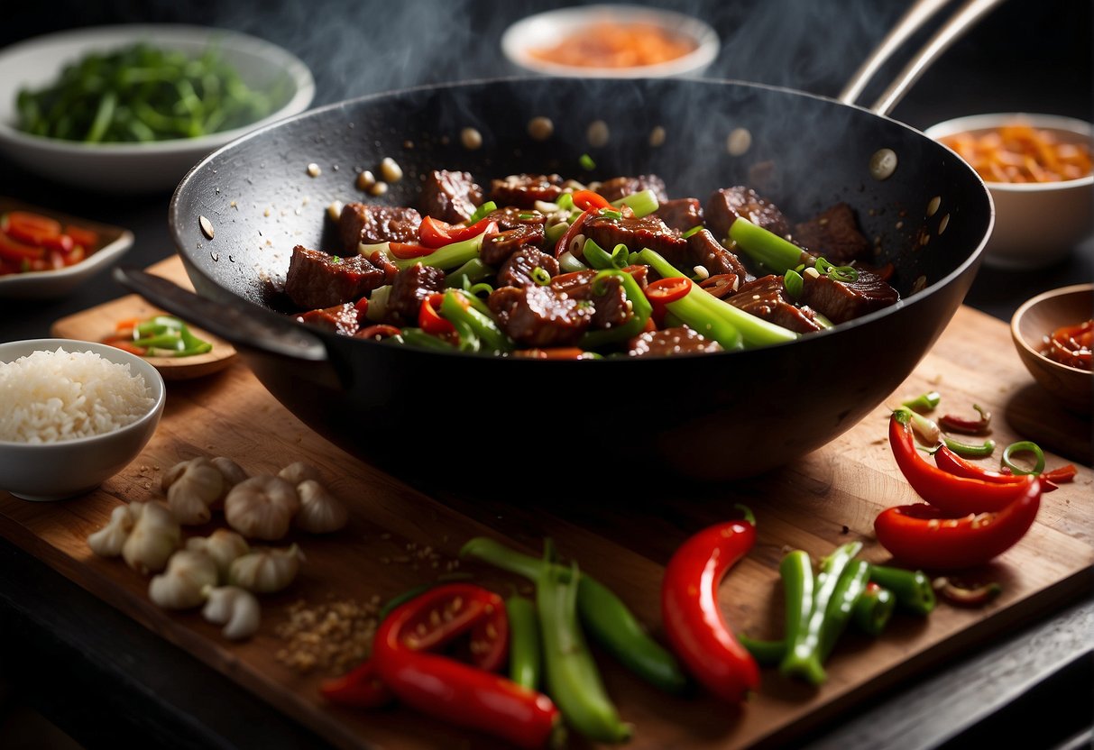 A wok sizzles as beef slices are tossed in soy sauce, ginger, and garlic. Green onions and chili peppers wait nearby