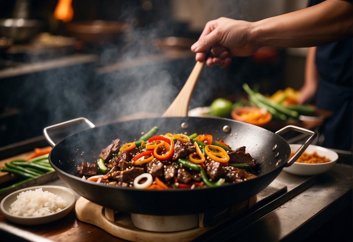 A wok sizzles with marinated beef, garlic, ginger, and soy sauce. The aroma of stir-fried vegetables fills the air as the chef adds the perfect amount of Chinese beef sauce