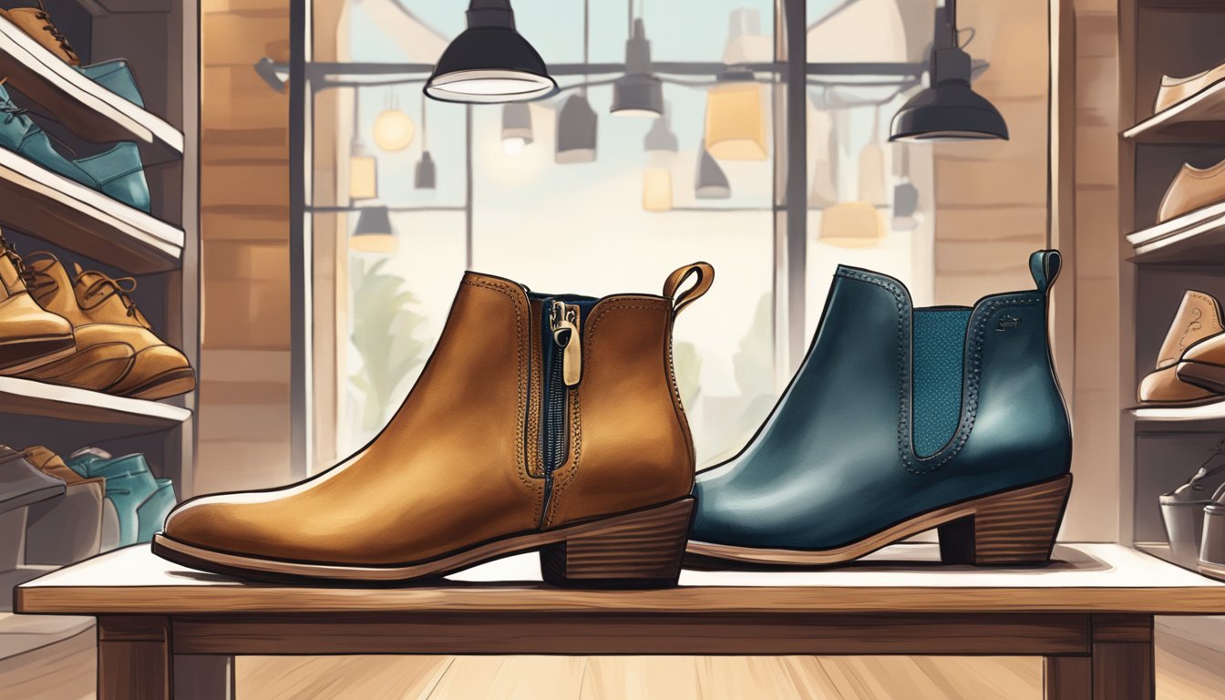 A pair of Lucky Brand Basel Booties displayed on a shelf in a trendy shoe store. Bright lighting highlights the rich leather and stylish design