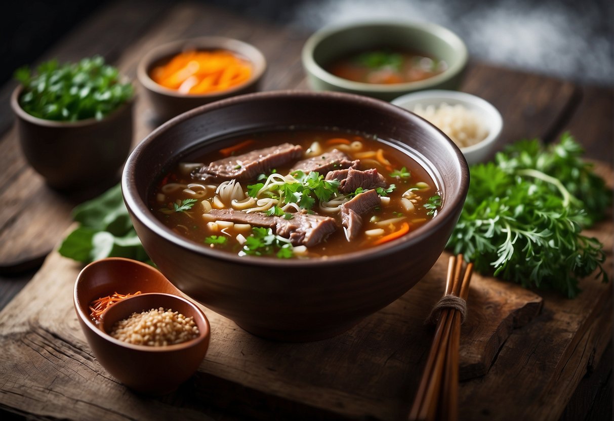 A steaming bowl of Chinese beef shank soup sits on a rustic wooden table, surrounded by fresh herbs, spices, and a pair of chopsticks
