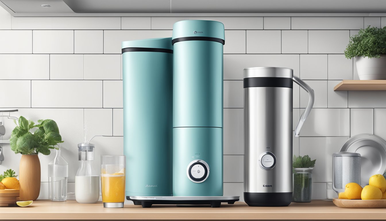 A water filter from a Korean brand sits on a kitchen counter, with a sleek and modern design