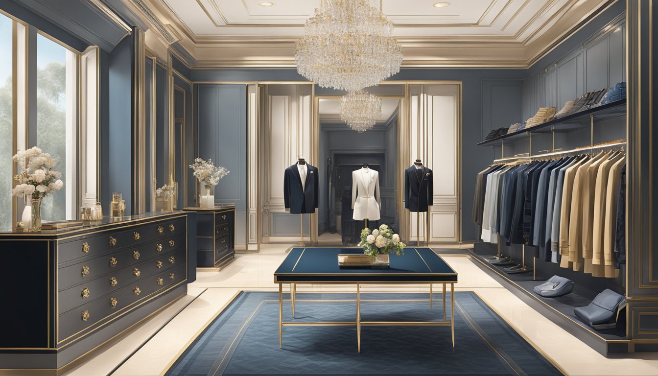 A display of luxury apparel brands, showcasing elegant and opulent clothing items in a high-end boutique setting