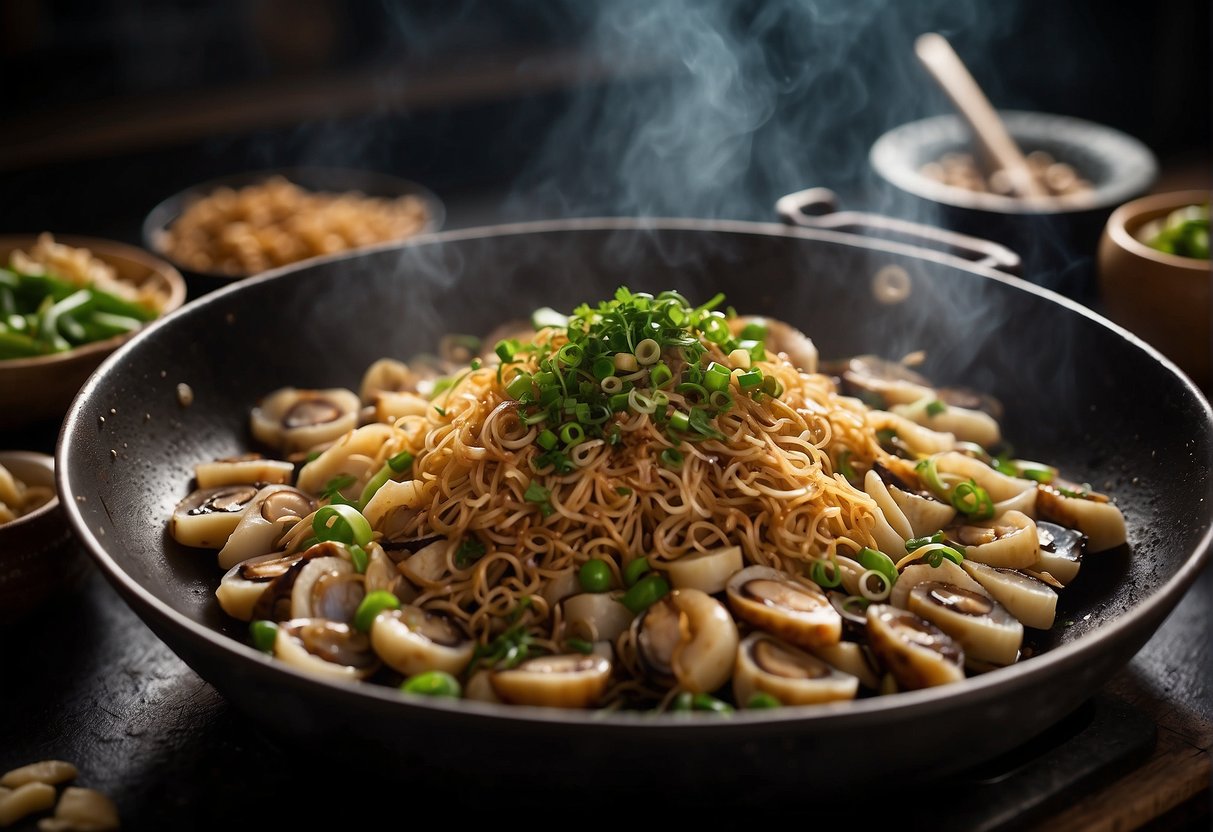 A chef stir-fries dried abalone with ginger, garlic, and soy sauce in a sizzling wok. Green onions and sesame seeds garnish the dish