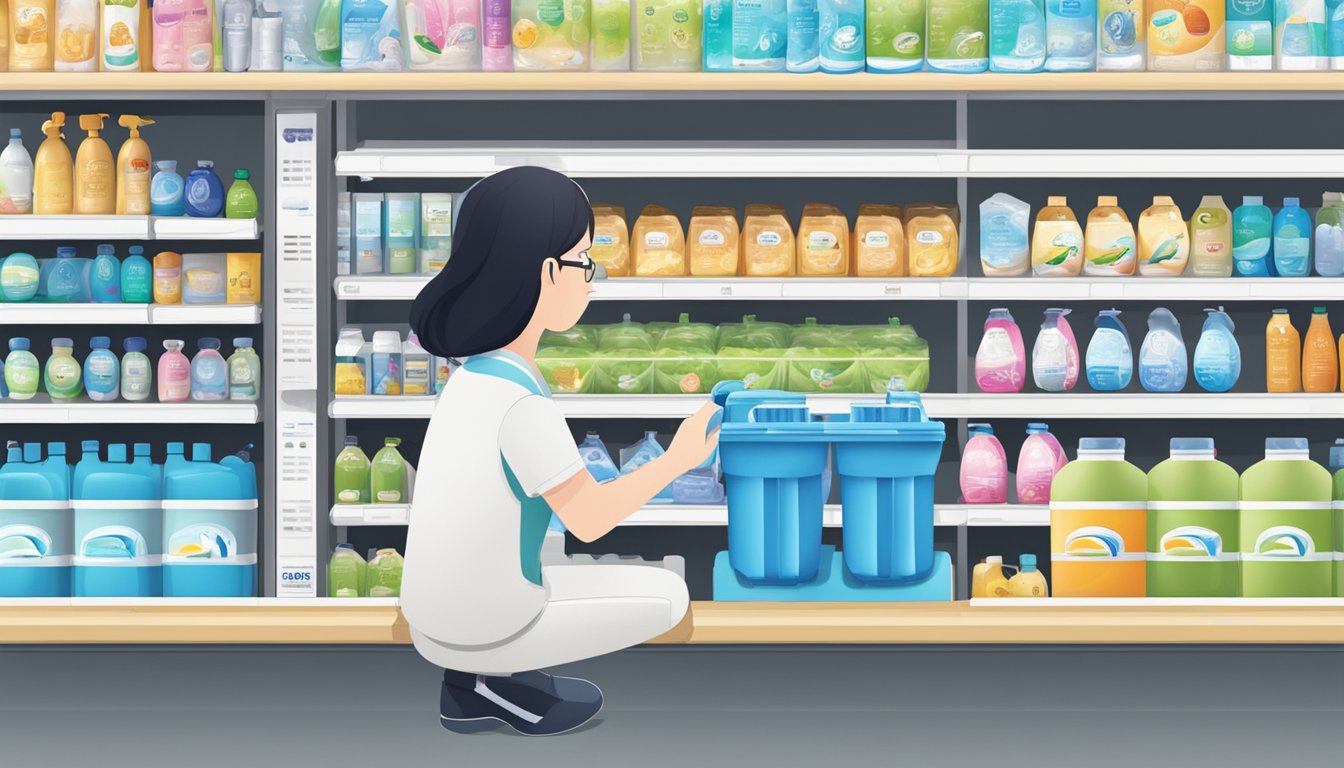 A person examining various Korean water filter brands on a store shelf
