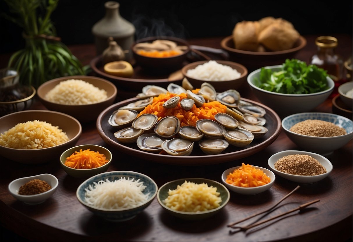 A table set with various ingredients and tools for preparing Chinese dried abalone recipes