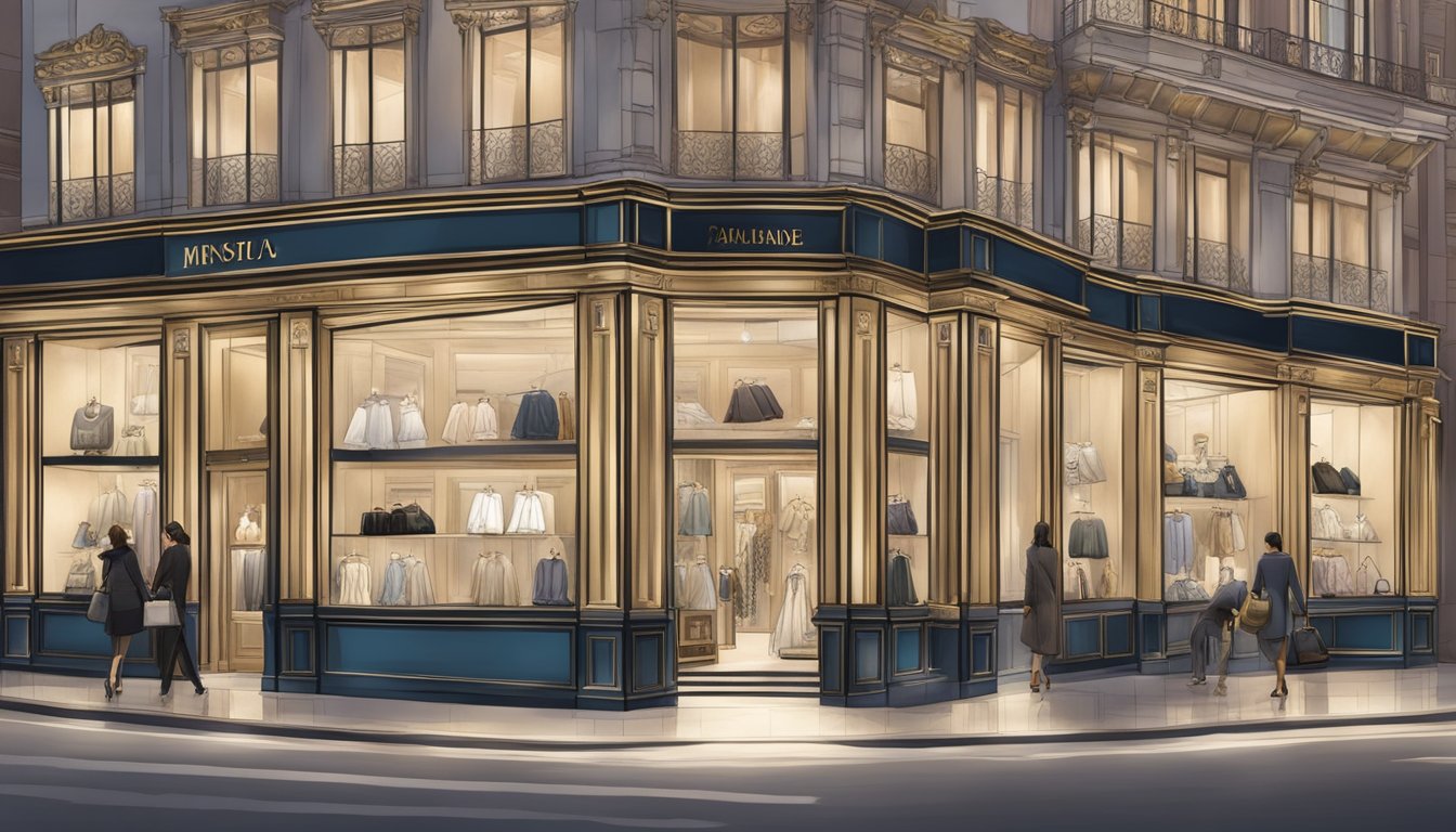A grand, opulent storefront adorned with lavish displays of iconic luxury fashion brands' apparel, drawing in affluent clientele