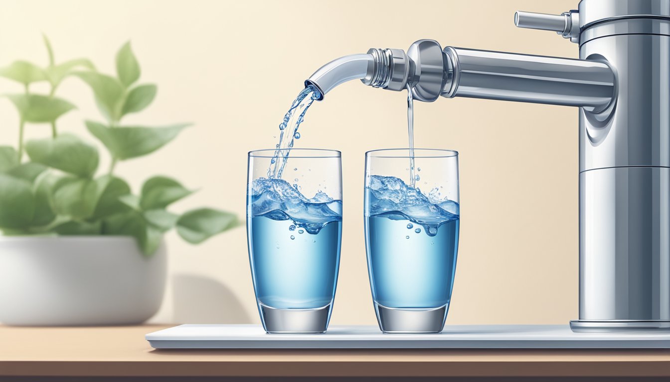 A clear, refreshing glass of water is being poured from a modern Korean water filter, showcasing the health and wellness benefits of clean, purified water