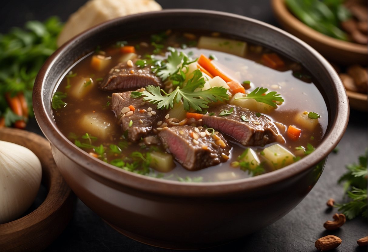 A pot of simmering Chinese beef shank soup with aromatic herbs and spices, including ginger and star anise, filling the air with a savory aroma