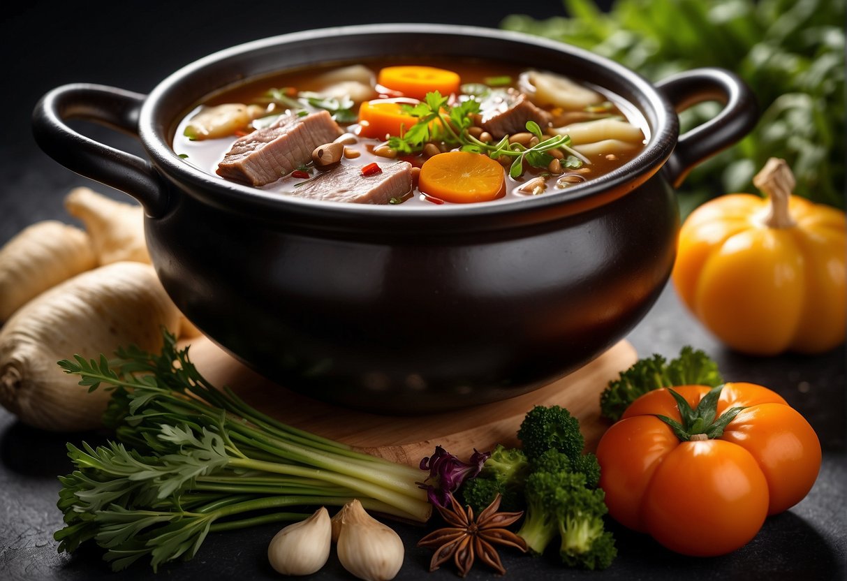 A large pot filled with simmering beef shank soup, surrounded by Chinese herbs, spices, and vegetables, with a bowl of soy sauce and vinegar on the side