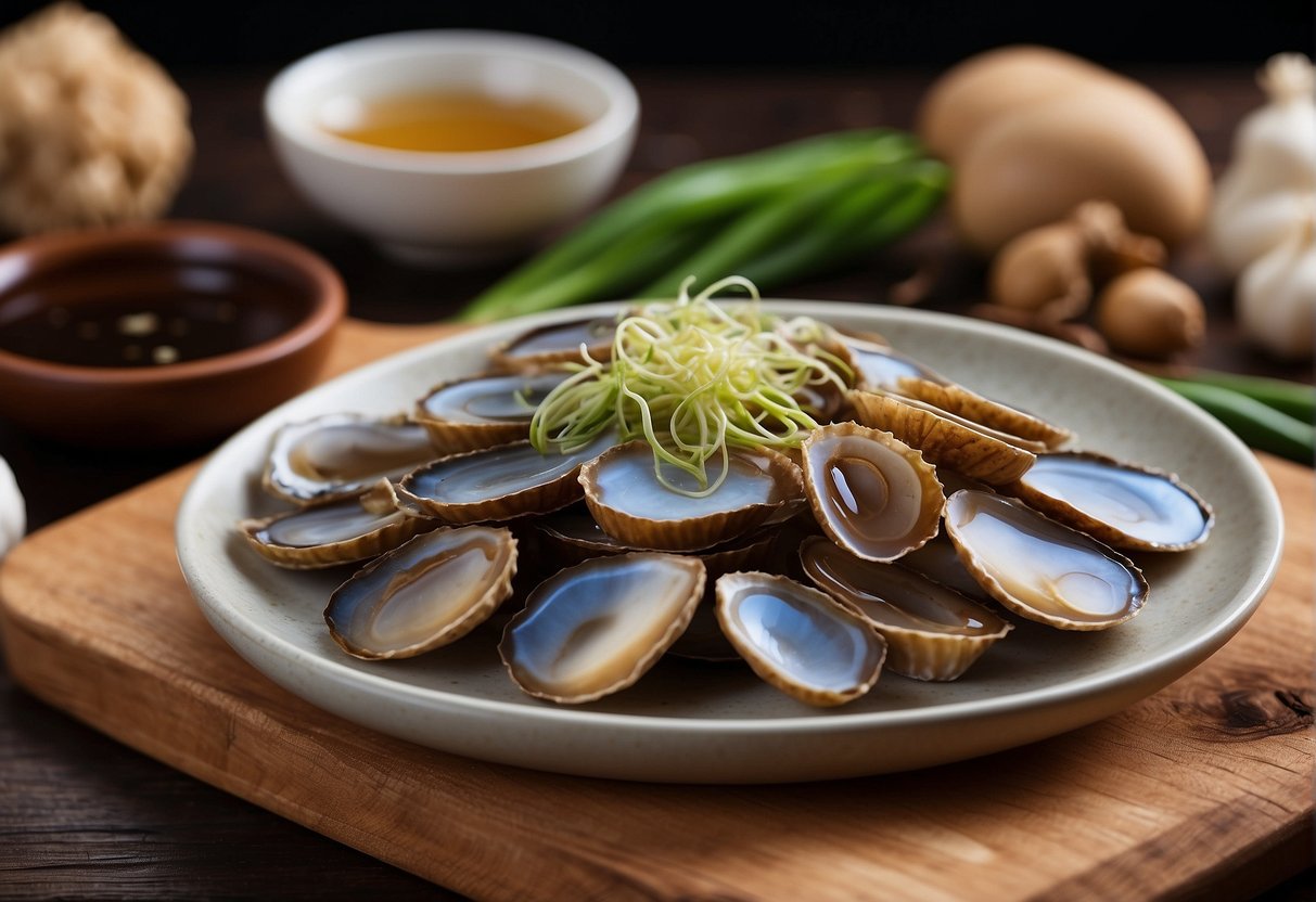 Dried abalone soaked in water, surrounded by ginger, scallions, and soy sauce. Ingredients arranged on a clean, wooden cutting board