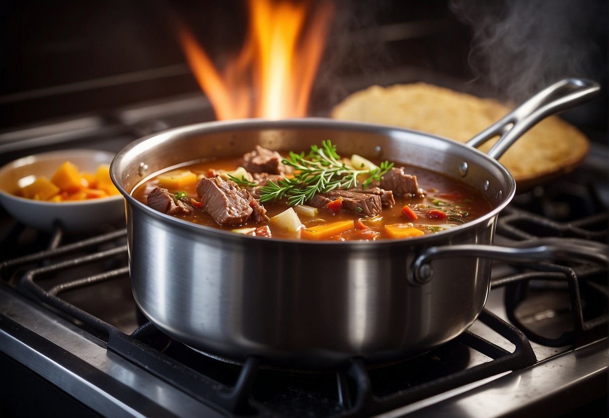 A large pot simmers on a stove, filled with beef shank, ginger, and spices. Steam rises as the liquid reduces, creating a rich, fragrant broth